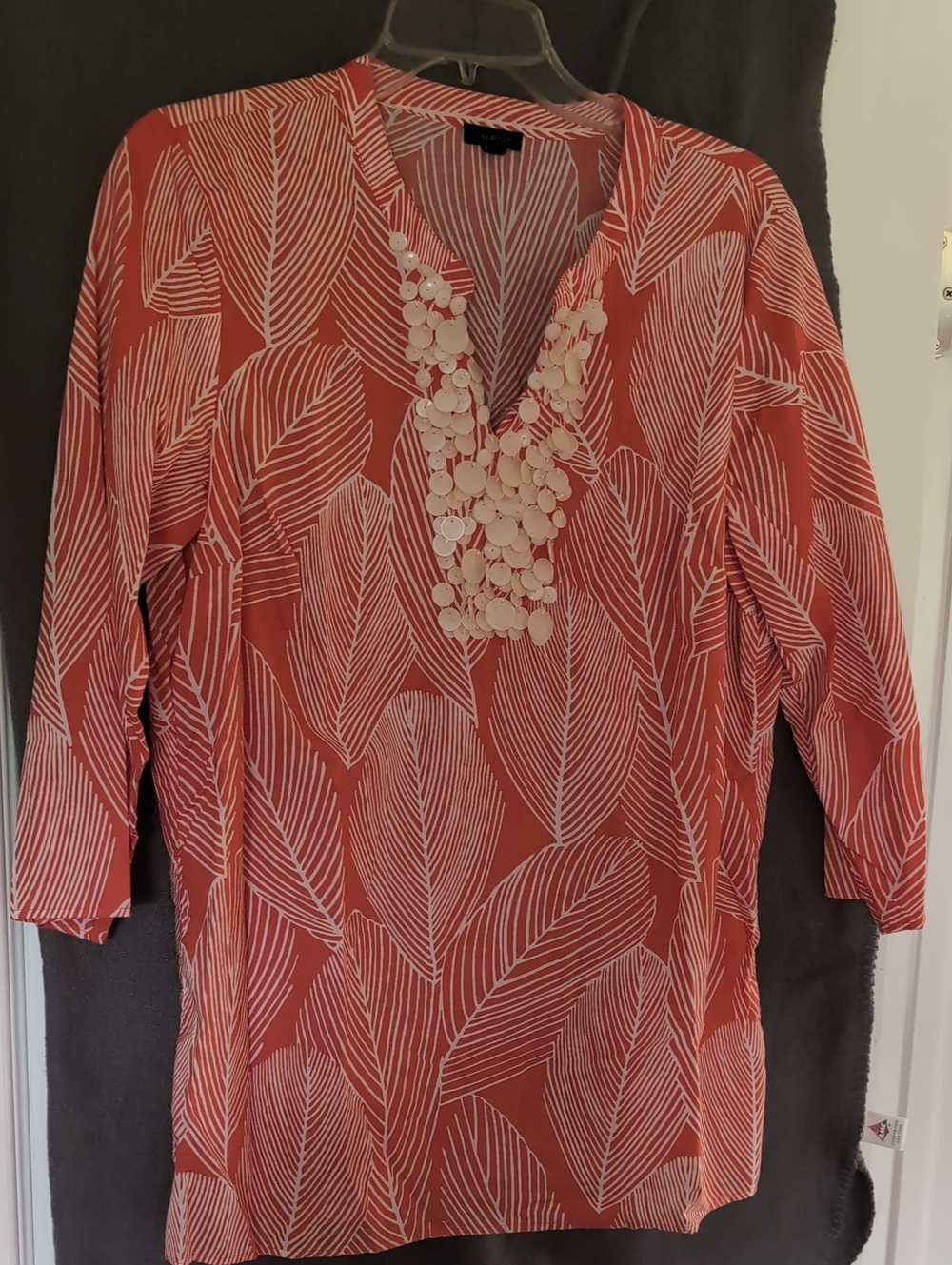 Talbots Coral Leaf Print V-Neck Tunic W/ Embellished White Pearl Buttons.